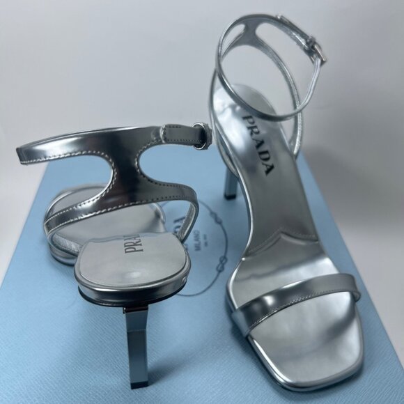 Prada Argento Donna Womens Sandals Metallic Leather Strappy Heels Size 38 US8 - Picture 10 of 16